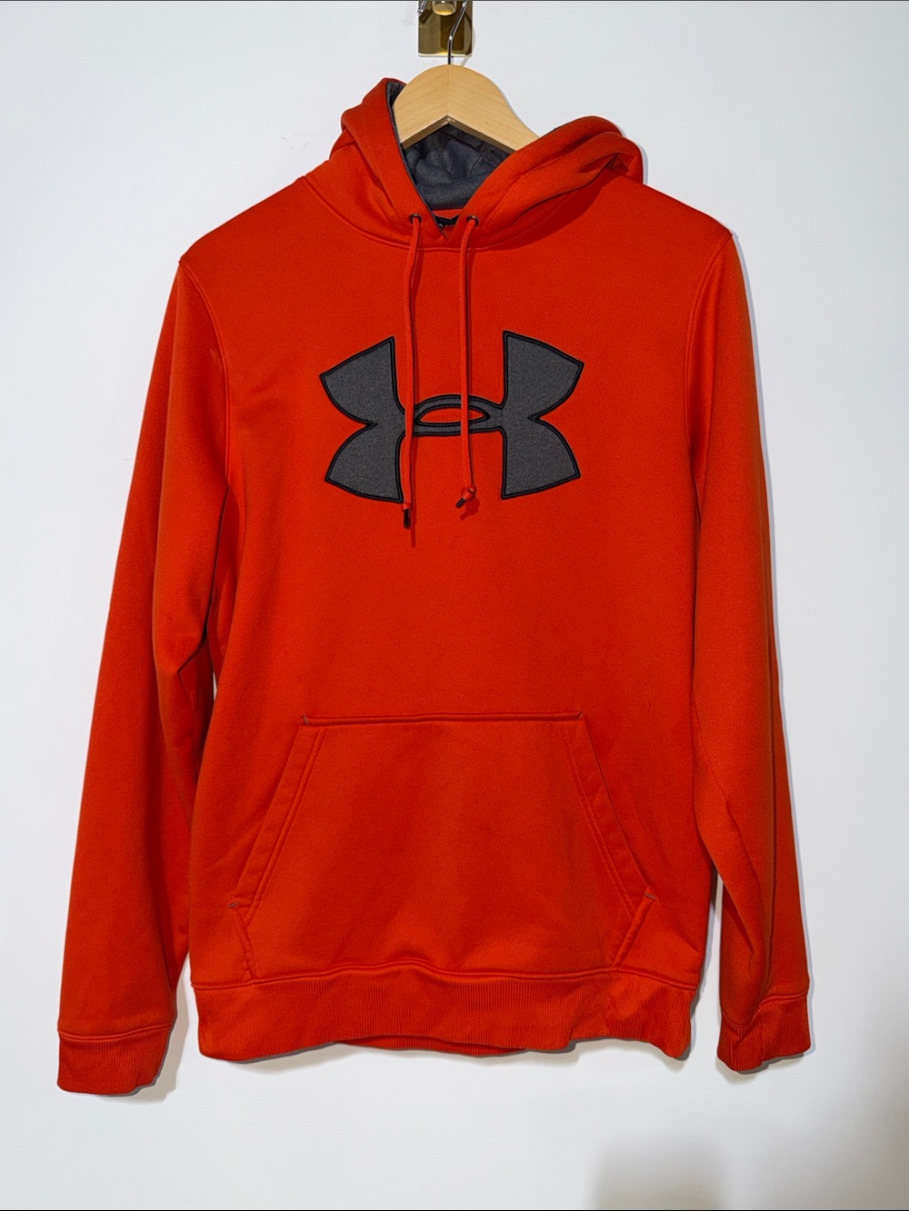 Under Armour Men's Orange Pullover Hoodie with Black Logo size medium
